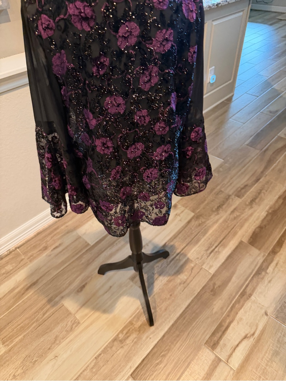 Women's Black Sheer V-Neck Top with Purple Floral Sequin Detail - Picture 3 of 3